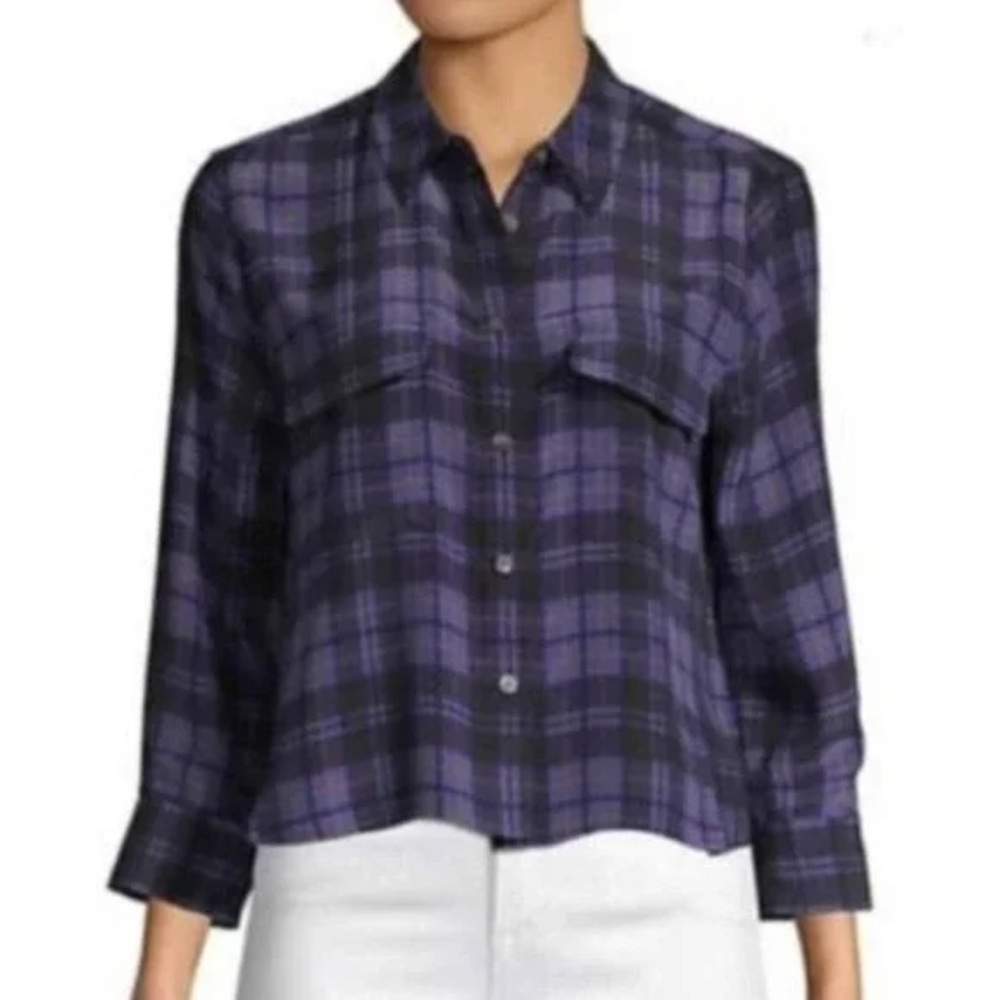 SOLD 🚫 Equipment Cropped Signature Silk Purple & Black Shirt